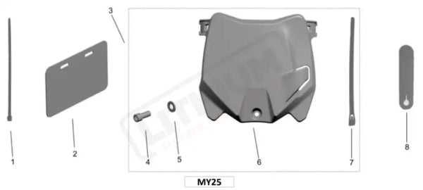 A monochrome exploded parts diagram showing a set of components labeled 1 through 8, including a central molded cover or panel, a rectangular plate, two vertical rods, and small fasteners. The image is technical and not a normal product photo.