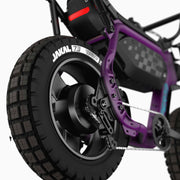 Close up image of the rear JAKAL tire on the SUPER73-MZFT ebike in Culenberry. @color_cullenberry