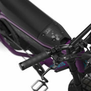 Close up of the handlebars and braking system on the SUPER73-MZFT ebike in Cullenberry. @color_cullenberry