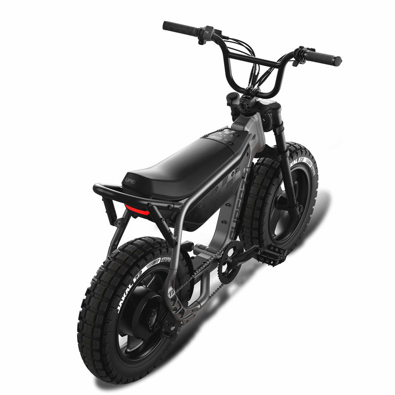 Top down rear view of the SUPER73-MZFT ebike in Titanium Ore. @color_titanium ore