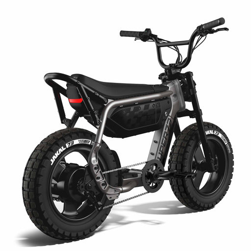 Rear view of the SUPER73-MZFT ebike in Titanium Ore. @color_titanium ore
