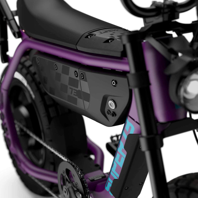 Close up of the seat and battery compartment with branded decals on the SUPER73-MZFT ebike in Cullenberry. @color_cullenberry