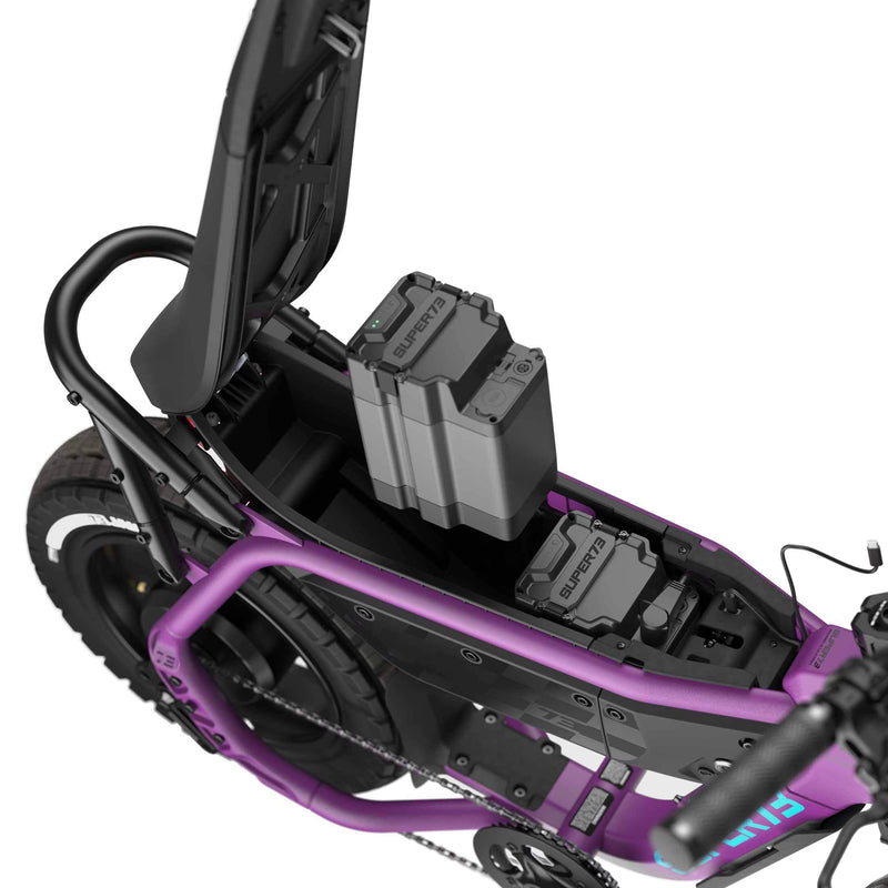 Detail image of the dual battery system on the SUPER73-MZFT ebike in Cullenberry. @color_cullenberry