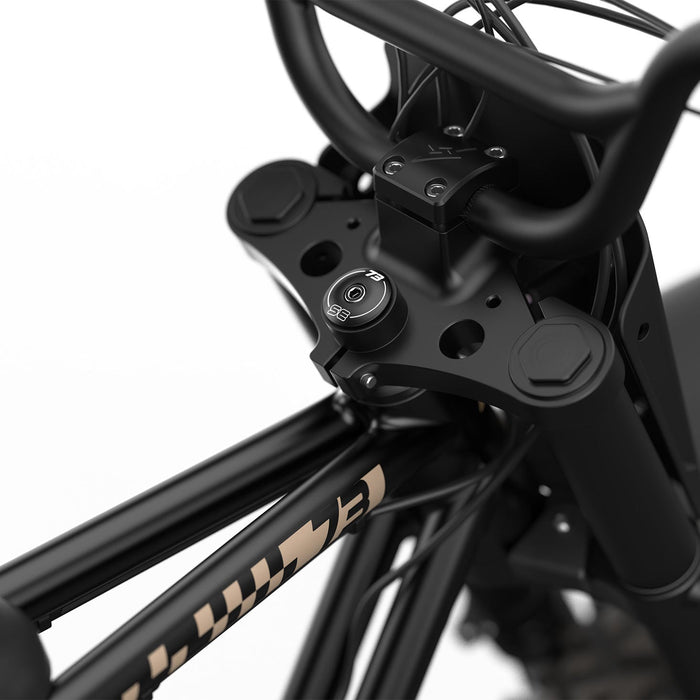 Detail image showing the branded stem cap on the SUPER73-Z Adventure SE ebike in Bandit. @color_bandit