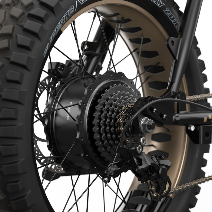 Detail image of the rear GRZLY tire on the SUPER73-Z Adventure SE ebike in Bandit. @color_bandit