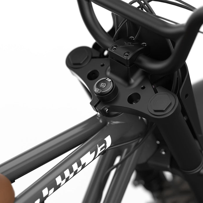 Detail image showing the branded stem cap on the SUPER73-Z Adventure SE ebike in Palladium. @color_palladium