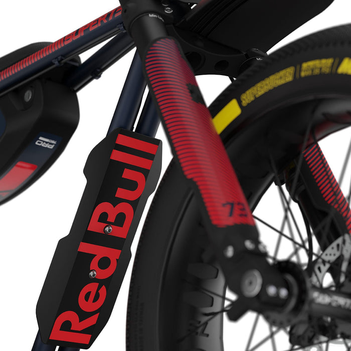 Detail image showing the custom branded decals and front fork on the Oracle Red Bull Racing Z Adv Series ebike in Midnight Blue. @color_midnight blue