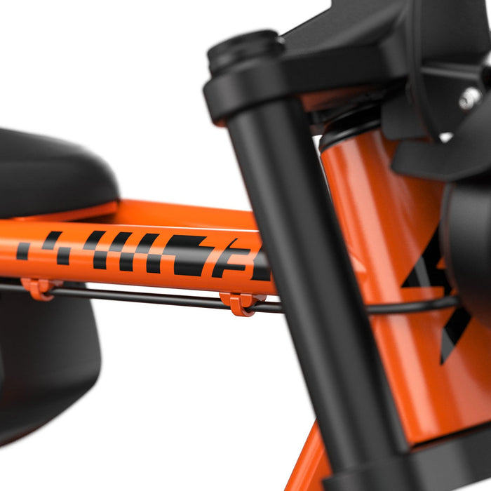 Studio image showing the front fork and branded decals on the SUPER73-Z Miami SE in Astro Orange. @color_astro orange