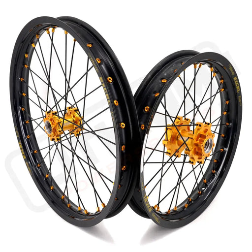 KKE Surron Light Bee X E-Ride Pro SS 19’’-16’’ E-Moto Wheels Excel Takasago Rims - Gold Hub, Black Rim, Gold Nipple,