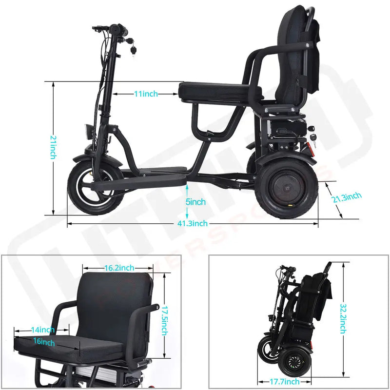 MotoTec Folding Mobility Electric Trike 48v 700w Dual Motor Lithium Black - Electric Trikes-Mobility