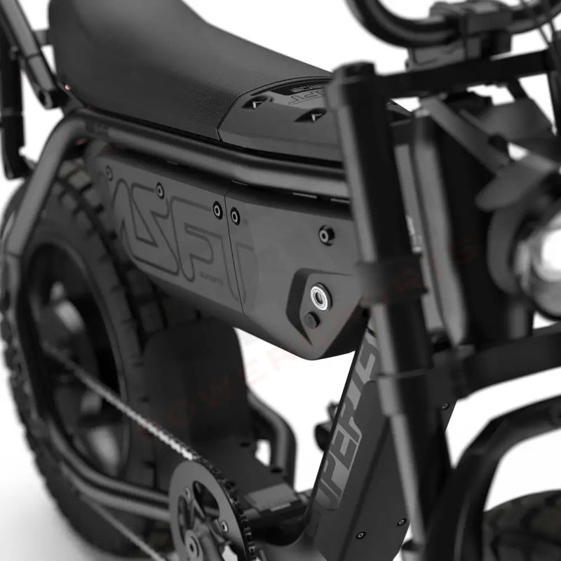 Close up of the seat and battery compartment with branded decals on the SUPER73-MZFT SE ebike in Blackout. @color_blackout