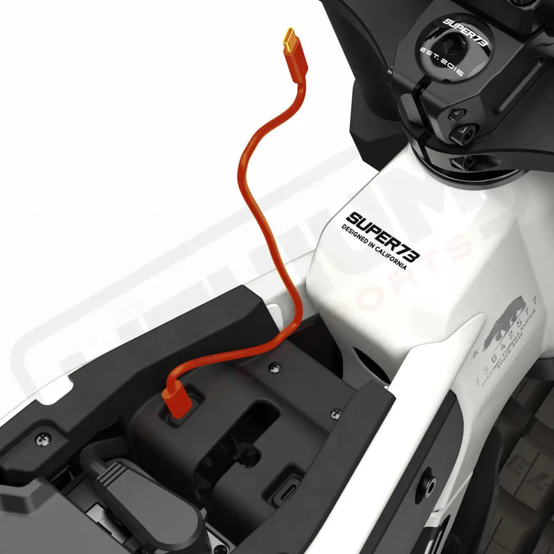 Close up of the USB-C charging port on the SUPER73-MZFT SE ebike in Baja. @color_baja
