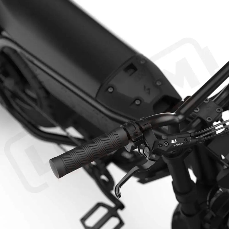 Close up of the handlebars and braking system on the SUPER73-MZFT SE ebike in  Blackout. @color_blackout
