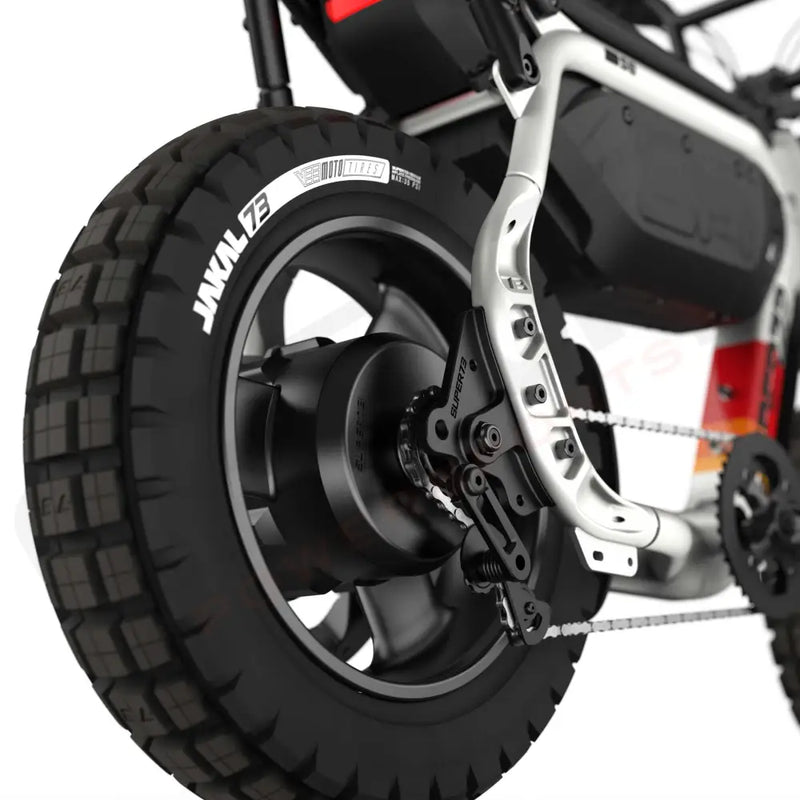 Close up image of the rear JAKAL tire on the SUPER73-MZFT SE ebike in Baja. @color_baja