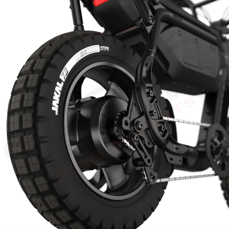 Close up image of the rear JAKAL tire on the SUPER73-MZFT SE ebike in Blackout. @color_blackout