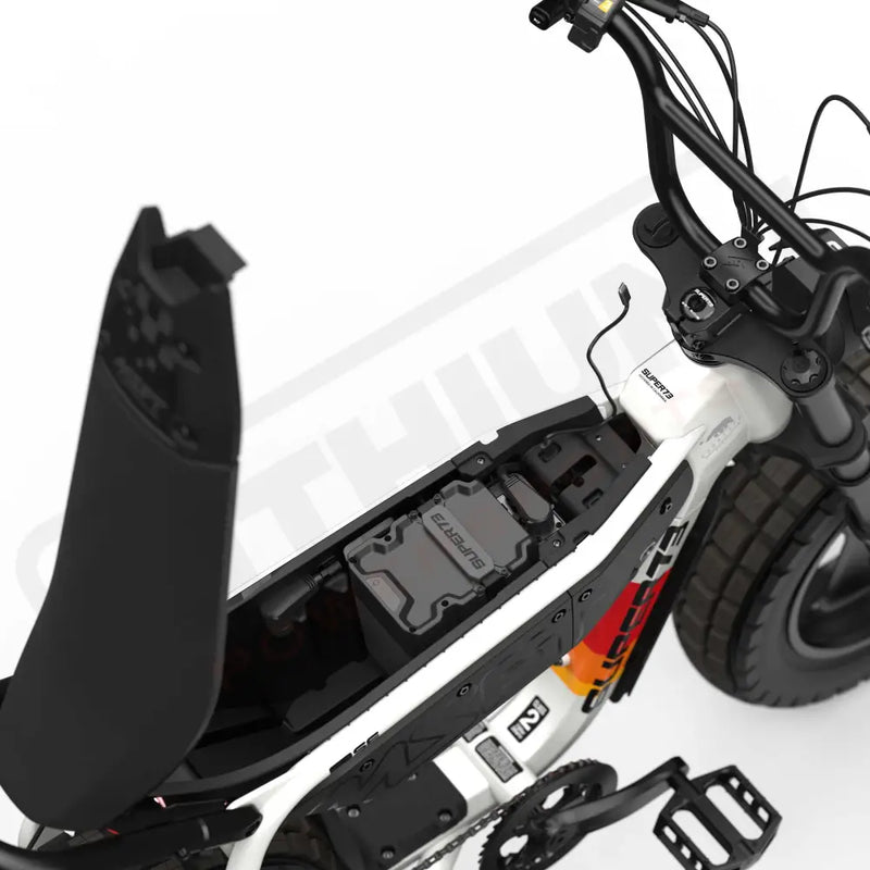 Top down view of the battery and in-seat storage on the SUPER73-MZFT SE ebike in Baja. @color_baja