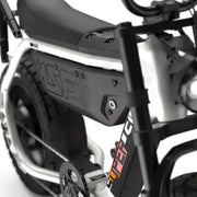 Close up of the seat and battery compartment with branded decals on the SUPER73-MZFT SE ebike in Baja. @color_baja