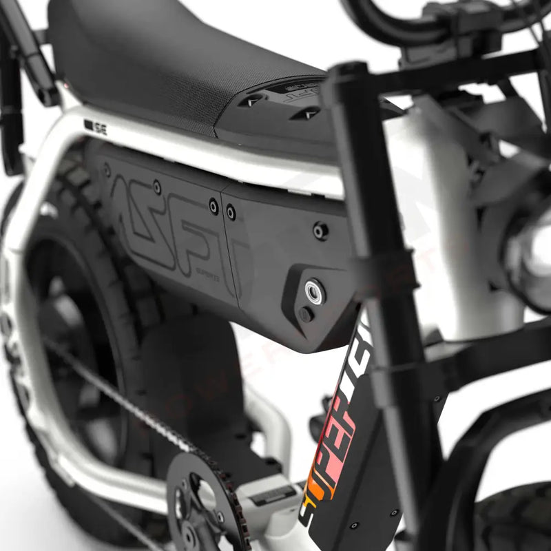 Close up of the seat and battery compartment with branded decals on the SUPER73-MZFT SE ebike in Baja. @color_baja