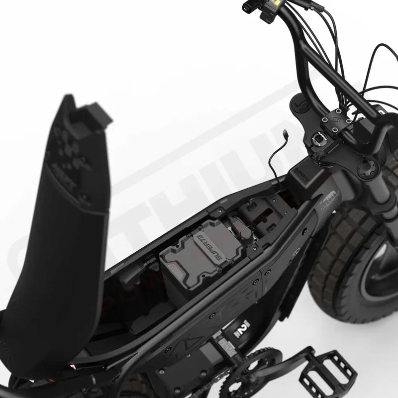 Top down view of the battery and in-seat storage on the SUPER73-MZFT SE ebike in  Blackout. @color_blackout