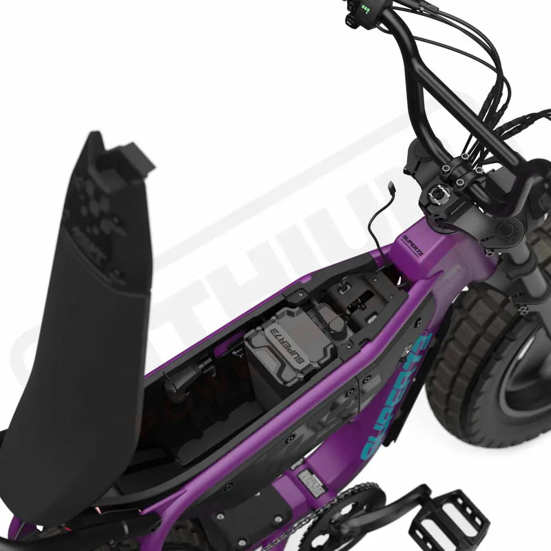Top down view of the battery and in-seat storage on the SUPER73-MZFT ebike in Cullenberry. @color_cullenberry