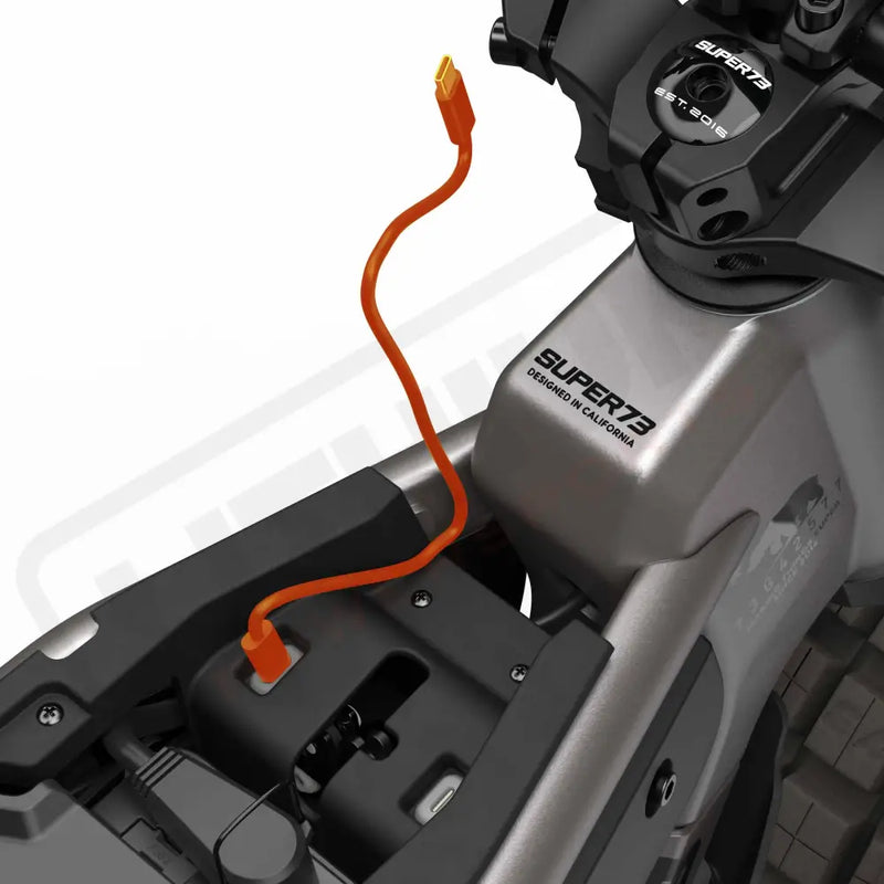 Close up of the USB-C charging port on the SUPER73-MZFT ebike in Titanium Ore. @color_titanium ore