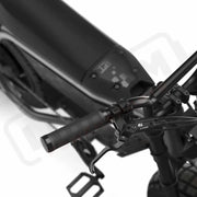 Close up of the handlebars and braking system on the SUPER73-MZFT ebike in Titanium Ore. @color_titanium ore