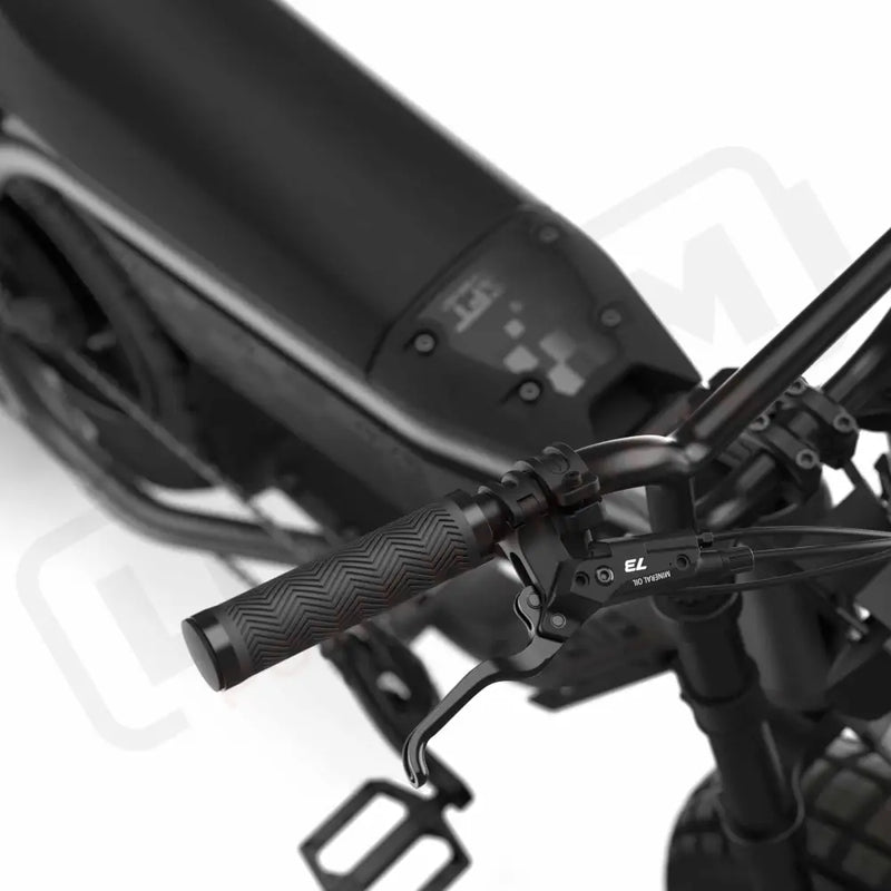 Close up of the handlebars and braking system on the SUPER73-MZFT ebike in Titanium Ore. @color_titanium ore