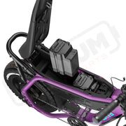 Detail image of the dual battery system on the SUPER73-MZFT ebike in Cullenberry. @color_cullenberry