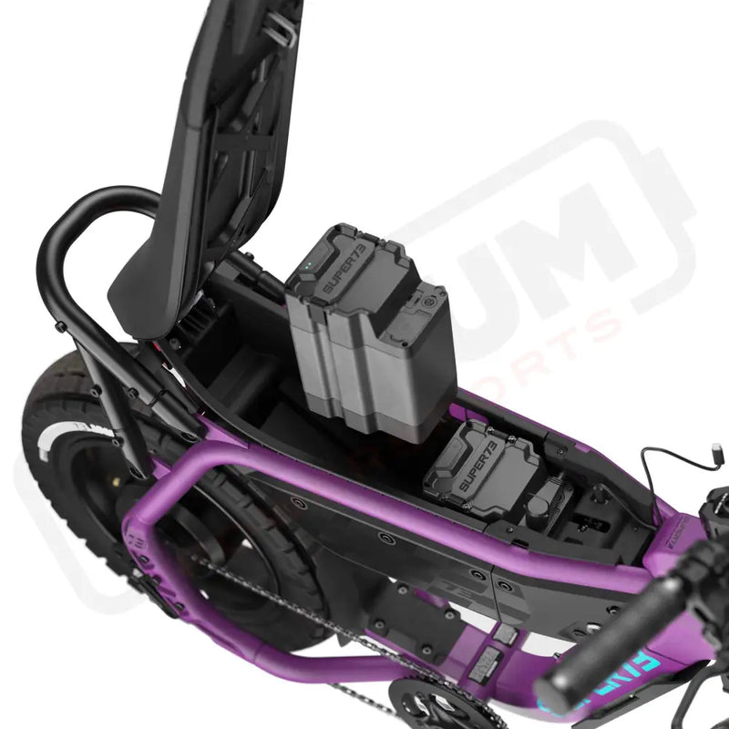 Detail image of the dual battery system on the SUPER73-MZFT ebike in Cullenberry. @color_cullenberry