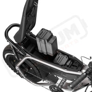 Detail image of the dual battery system on the SUPER73-MZFT ebike in Titanium Ore. @color_titanium ore