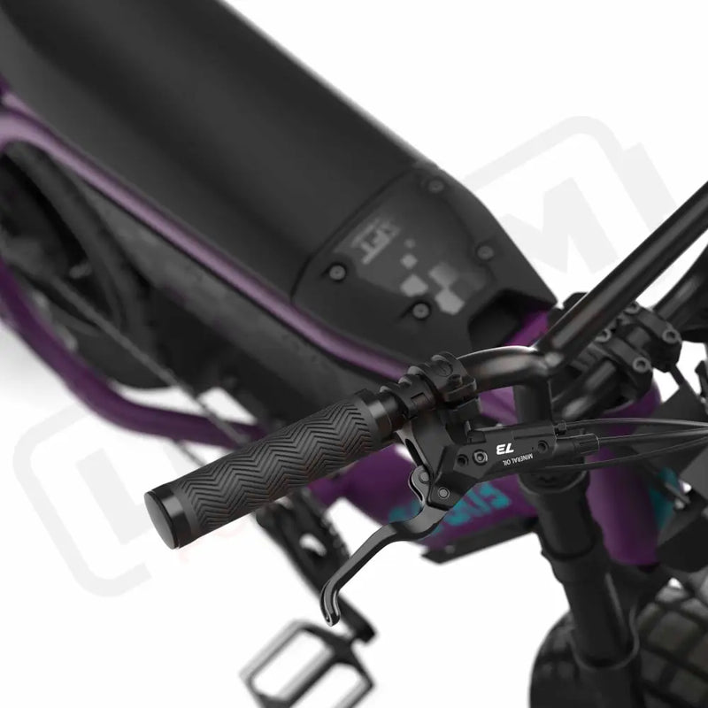 Close up of the handlebars and braking system on the SUPER73-MZFT ebike in Cullenberry. @color_cullenberry