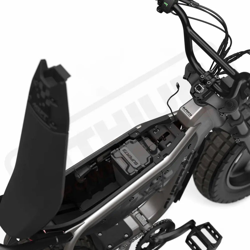 Top down view of the battery and in-seat storage on the SUPER73-MZFT ebike in Titanium Ore. @color_titanium ore