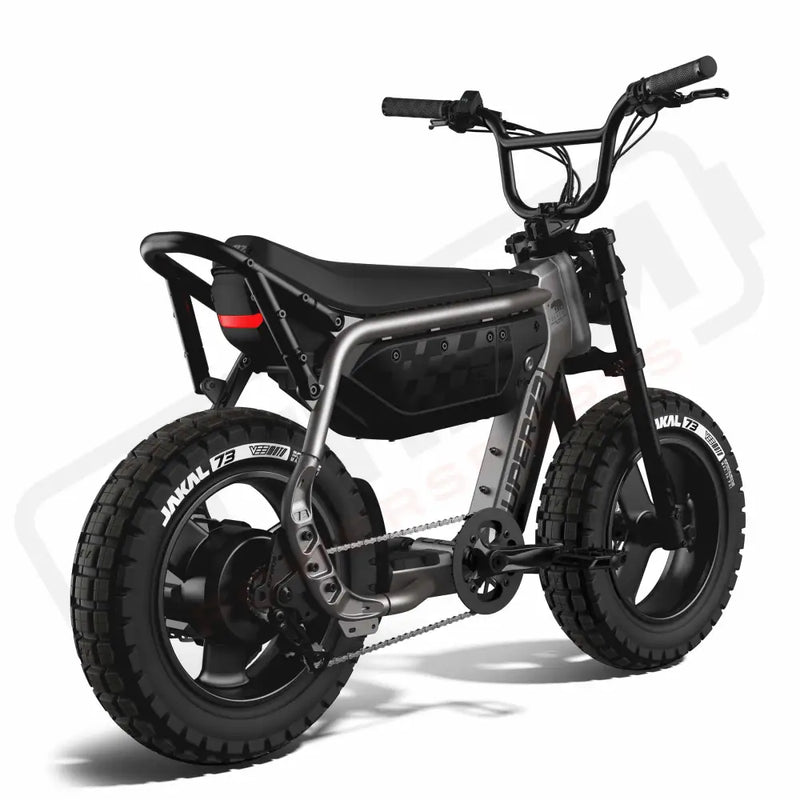 Rear view of the SUPER73-MZFT ebike in Titanium Ore. @color_titanium ore