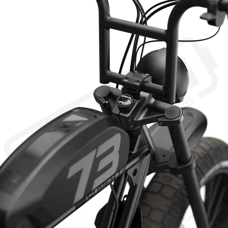 Detail image of the branded stem cap on the SUPER73-S2 Laguna ebike in Blackout. @color_blackout