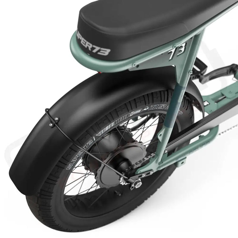 Detail of the rear fender on the SUPER73-S2 Laguna ebike in Agave Green. @color_agave green