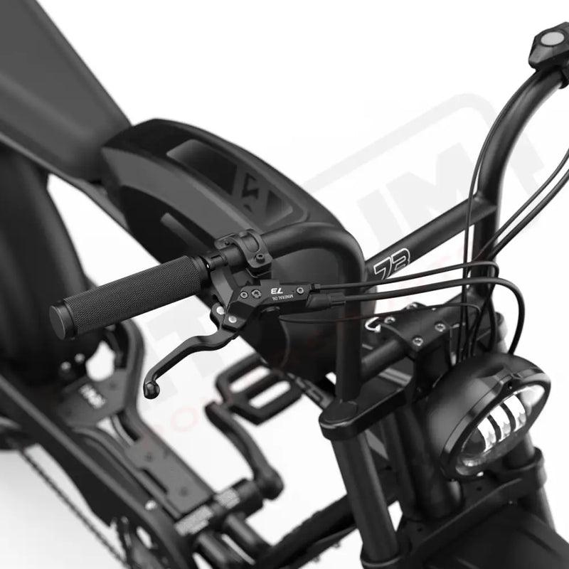 Detail image of the hydraulic brakes on the SUPER73-S2 Laguna ebike in Blackout. @color_blackout
