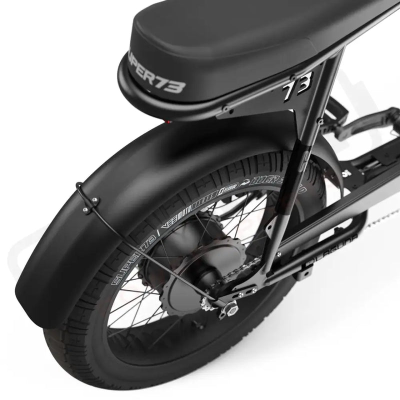 Detail image of the rear fender on the SUPER73-S2 Laguna ebike in Blackout. @color_blackout