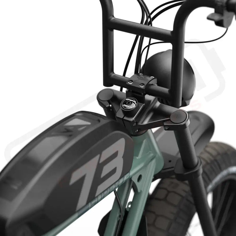 Detail image of the branded stem cap on the SUPER73-S2 Laguna ebike in Agave Green. @color_agave green