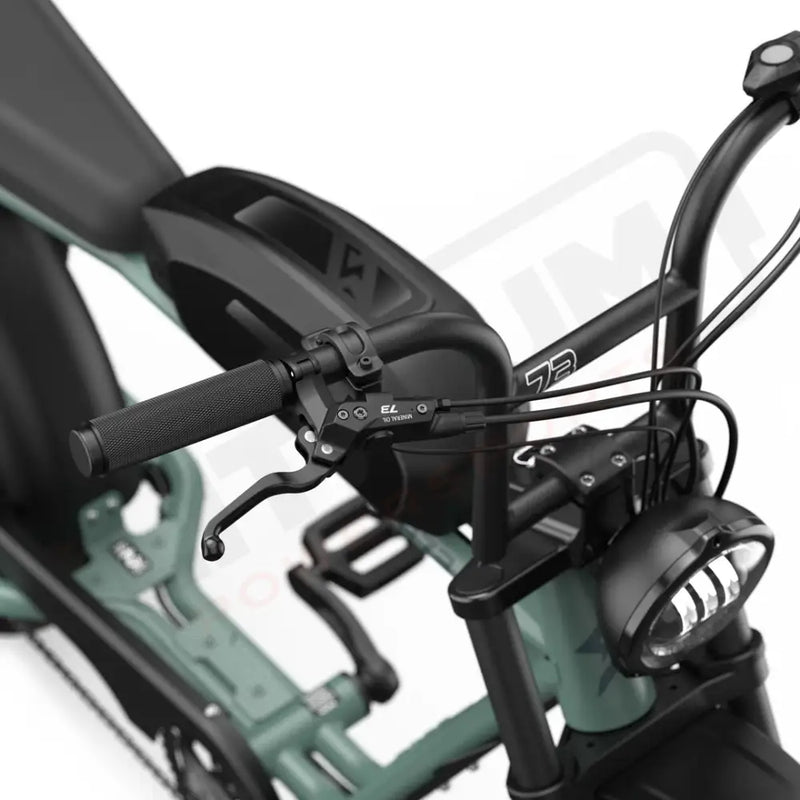 Detail image of the hydraulic brakes on the SUPER73-S2 Laguna ebike in Agave Green. @color_agave green