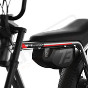 Close-up view of the removable battery and branded decals on the SUPER73-Z Miami Core Legacy Series ebike in metallic aluminum @color_metallic aluminum
