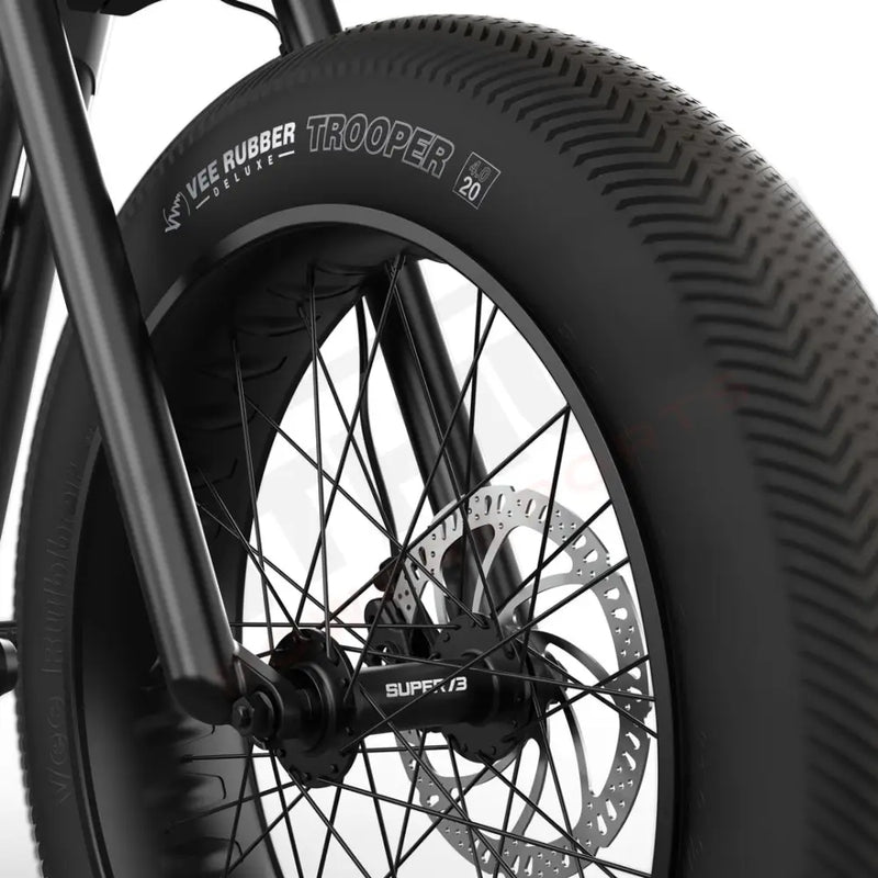 Close-up view of the VEE Trooper tires on the SUPER73-Z Miami Core Legacy Series ebike in metallic aluminum @color_metallic aluminum