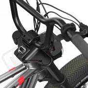 Close-up view of the handlebars and branded stem cap on the SUPER73-Z Miami Core Legacy Series ebike in metallic aluminum @color_metallic aluminum