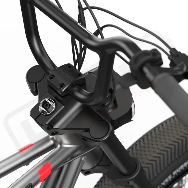 Close-up view of the handlebars and branded stem cap on the SUPER73-Z Miami Core Legacy Series ebike in metallic aluminum @color_metallic aluminum