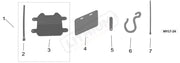 A monochrome exploded parts diagram showing multiple components labeled 1 through 7, including a long rod, a dark mounting plate, a license plate, a small vertical piece, a hook, and another rod, with a small code 'MY17-24' in the corner.