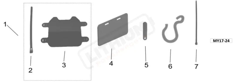 A monochrome exploded parts diagram showing multiple components labeled 1 through 7, including a long rod, a dark mounting plate, a license plate, a small vertical piece, a hook, and another rod, with a small code 'MY17-24' in the corner.