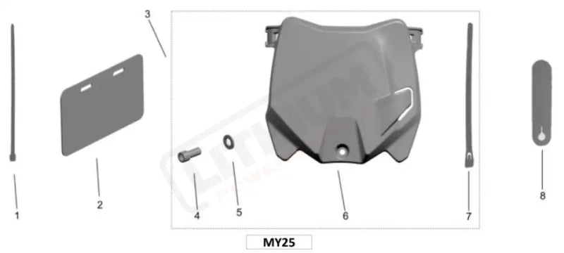 A monochrome exploded parts diagram showing a set of components labeled 1 through 8, including a central molded cover or panel, a rectangular plate, two vertical rods, and small fasteners. The image is technical and not a normal product photo.