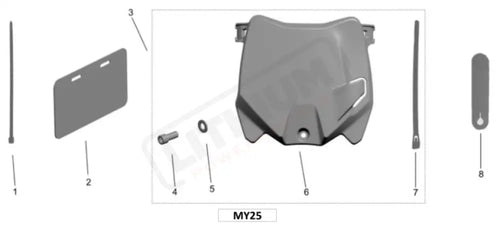 A monochrome exploded parts diagram showing a set of components labeled 1 through 8, including a central molded cover or panel, a rectangular plate, two vertical rods, and small fasteners. The image is technical and not a normal product photo.