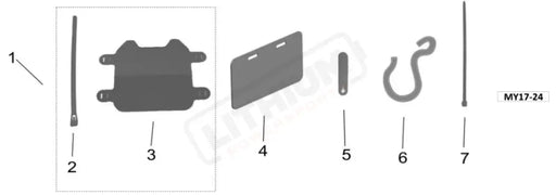 A monochrome exploded parts diagram showing multiple components labeled 1 through 7, including a long rod, a dark mounting plate, a license plate, a small vertical piece, a hook, and another rod, with a small code 'MY17-24' in the corner.