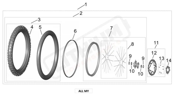 Surron Ultra Bee FRONT WHEEL ASSY 80 100 19 parts diagram