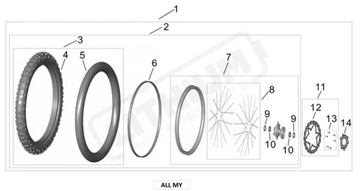 Surron Ultra Bee FRONT WHEEL ASSY. 80/100-19 OEM parts diagram